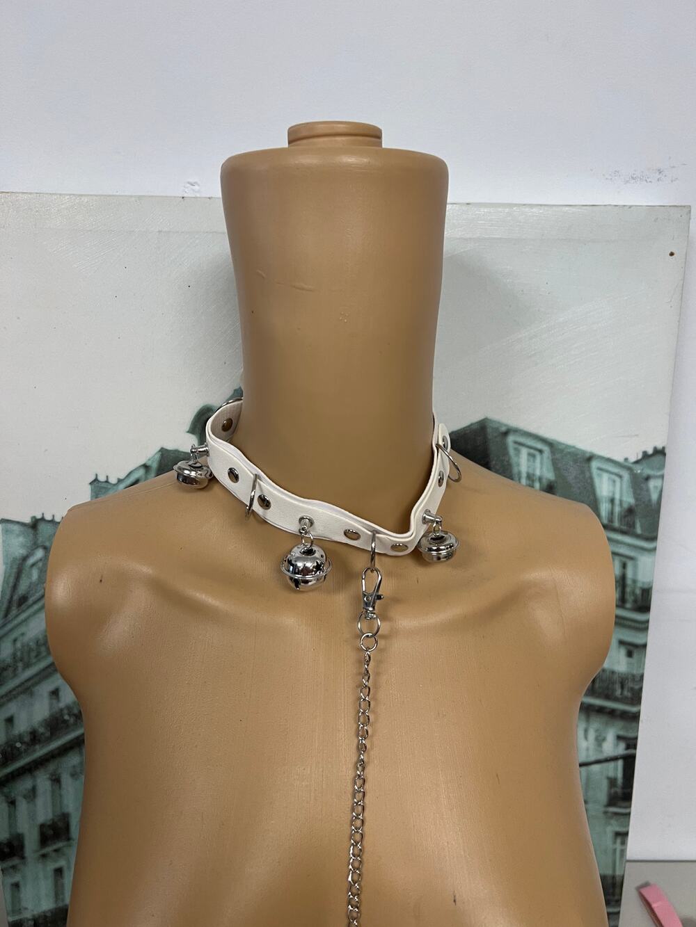 Punk Goth Pink PU Leather Choker Collar with Bells and Leash Set